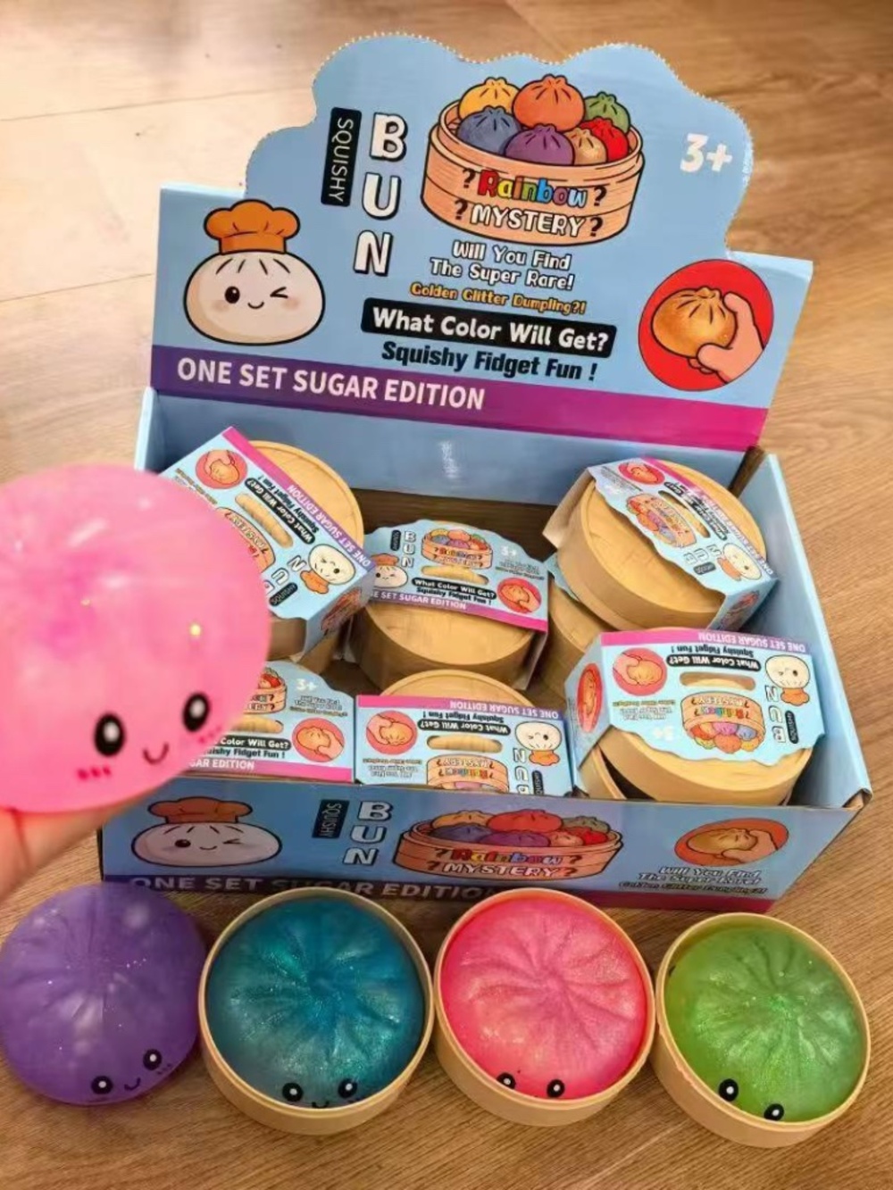 1PCS RANDOM SPARKLY BUNS 9cm  Dumpling Stress Ball, Soft Squeeze rainbow